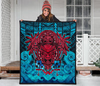 Hawaii Polynesian Premium Quilt - Hawaiian Red Tiki Face (Black Torquoise) - Polynesian Pride