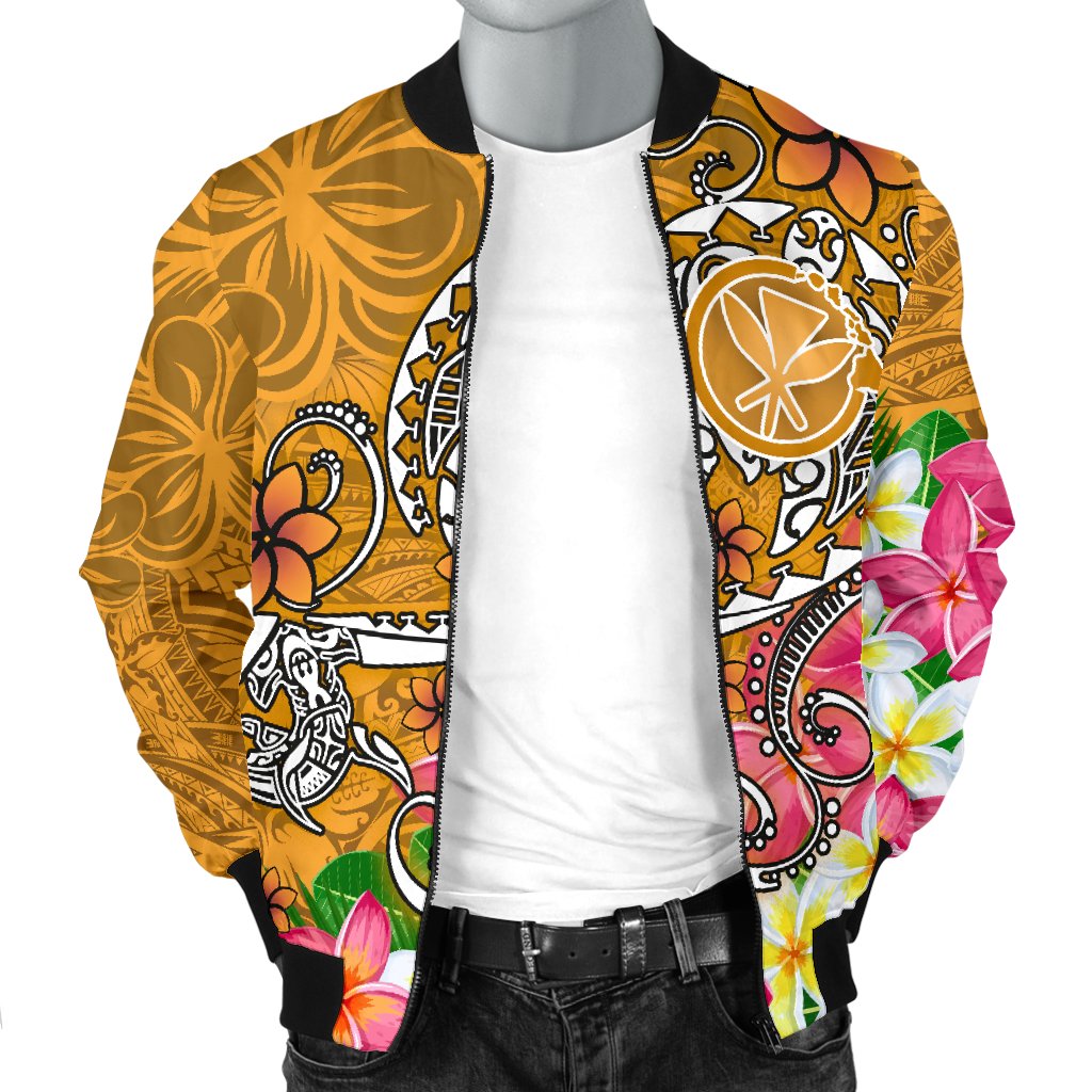 Hawaii Men's Bomber Jacket - Turtle Plumeria Polynesian Tattoo Gold Color - Polynesian Pride