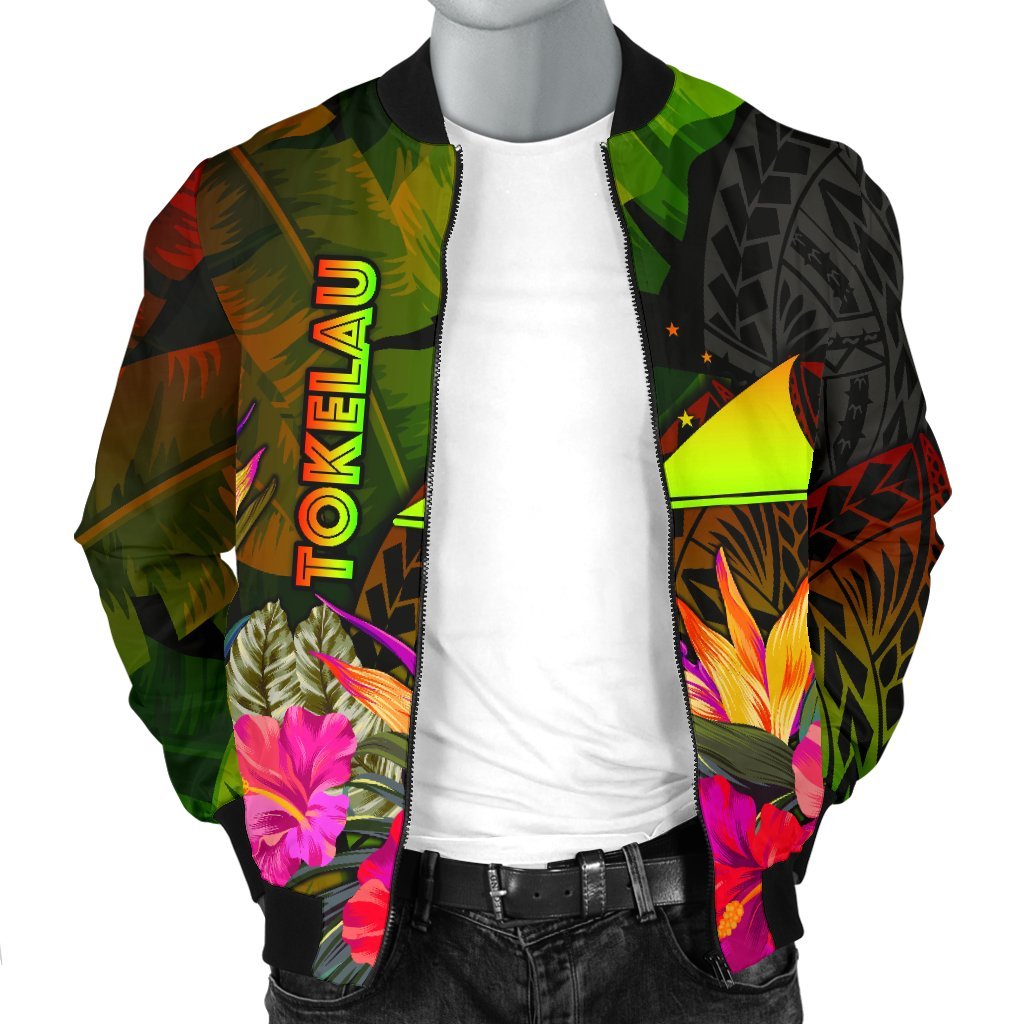 Tokelau Polynesian Men's Bomber Jacket - Hibiscus and Banana Leaves - Polynesian Pride