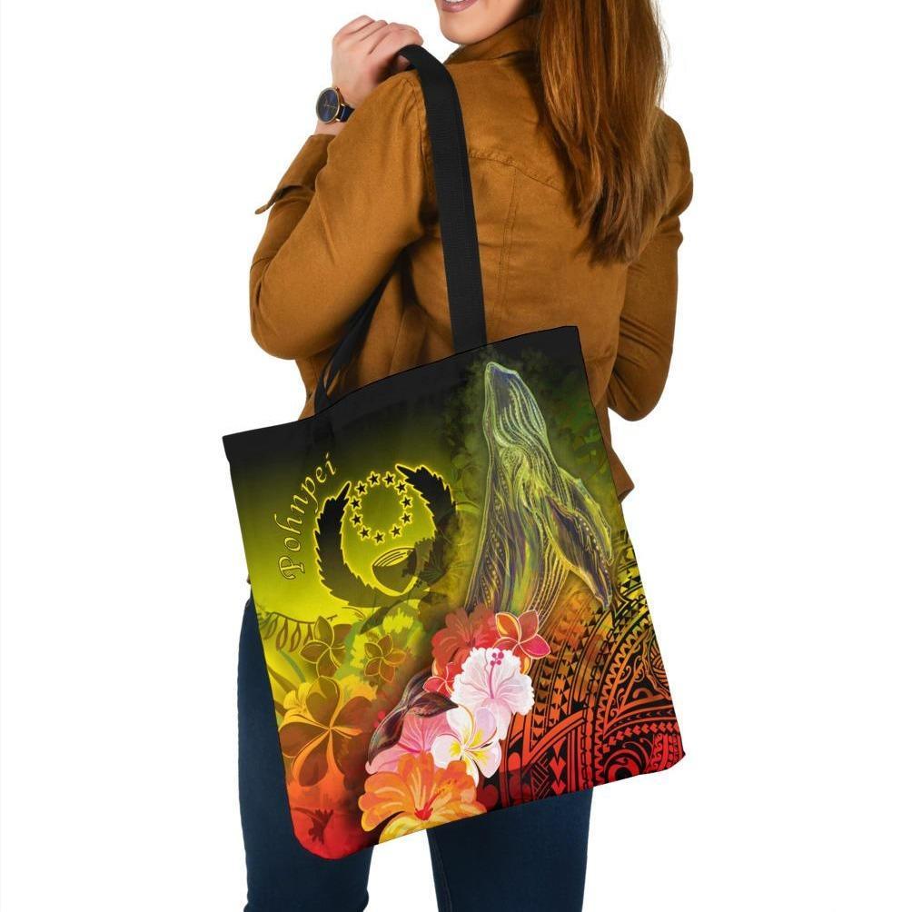 Pohnpei Tote Bags - Humpback Whale with Tropical Flowers (Yellow) Tote Bag One Size Yellow - Polynesian Pride