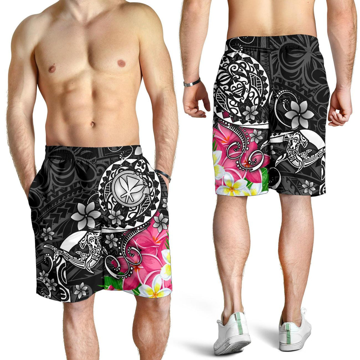 Hawaii Polynesian Men's Shorts - Turtle Plumeria (Black) - Polynesian Pride