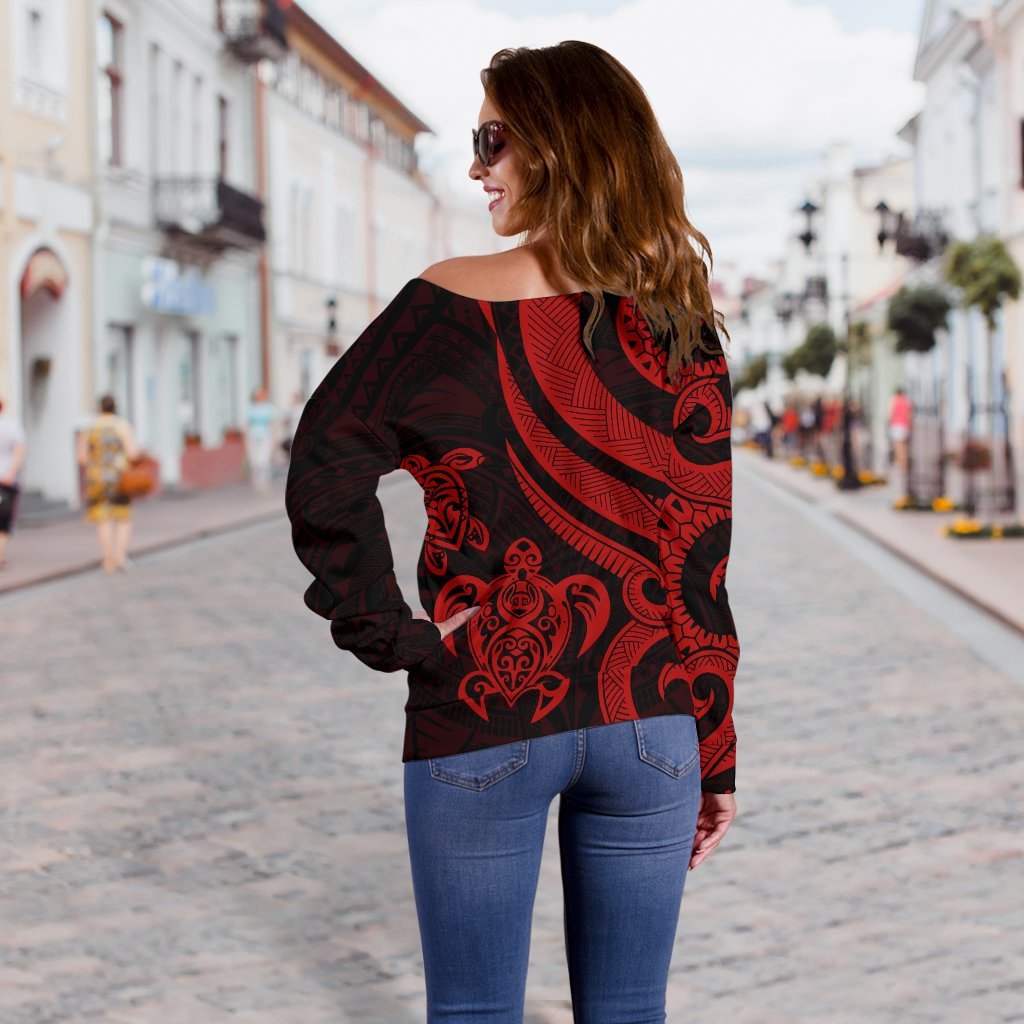 Fiji Polynesian Women Of Shoulder Sweater - Red Tentacle Turtle Crest - Polynesian Pride