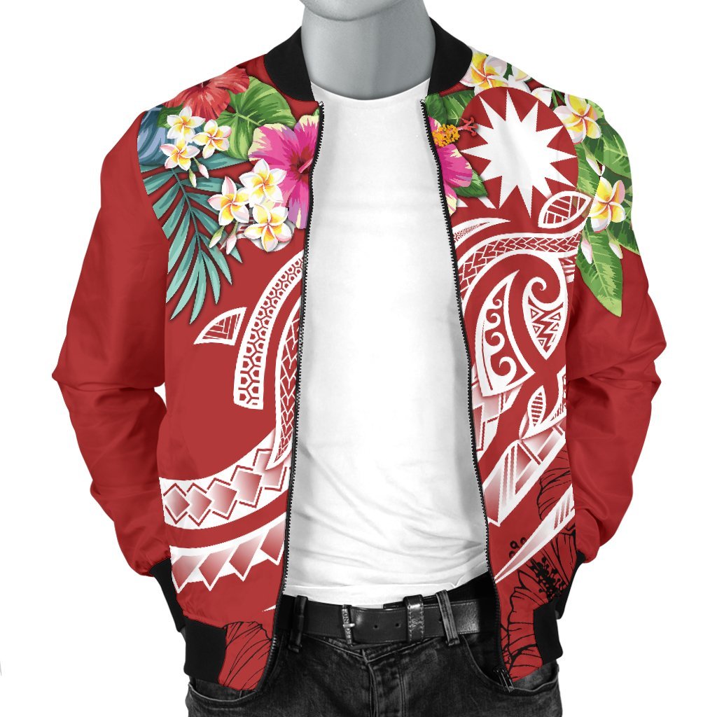 Nauru Polynesian Men's Bomber Jacket - Summer Plumeria (Red) - Polynesian Pride