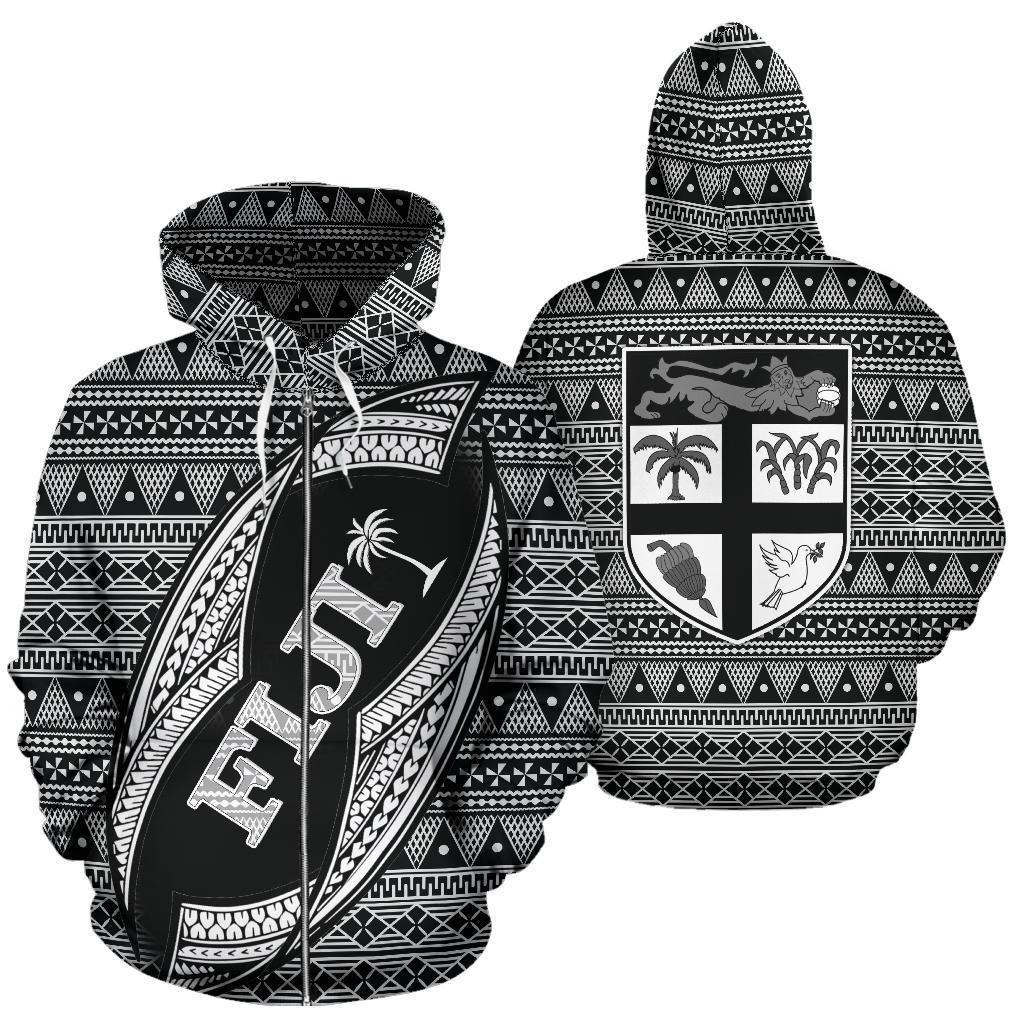 Fiji Polynesian Zip up Hoodie Tapa Pattern Rugby Ball Unisex Black - Polynesian Pride