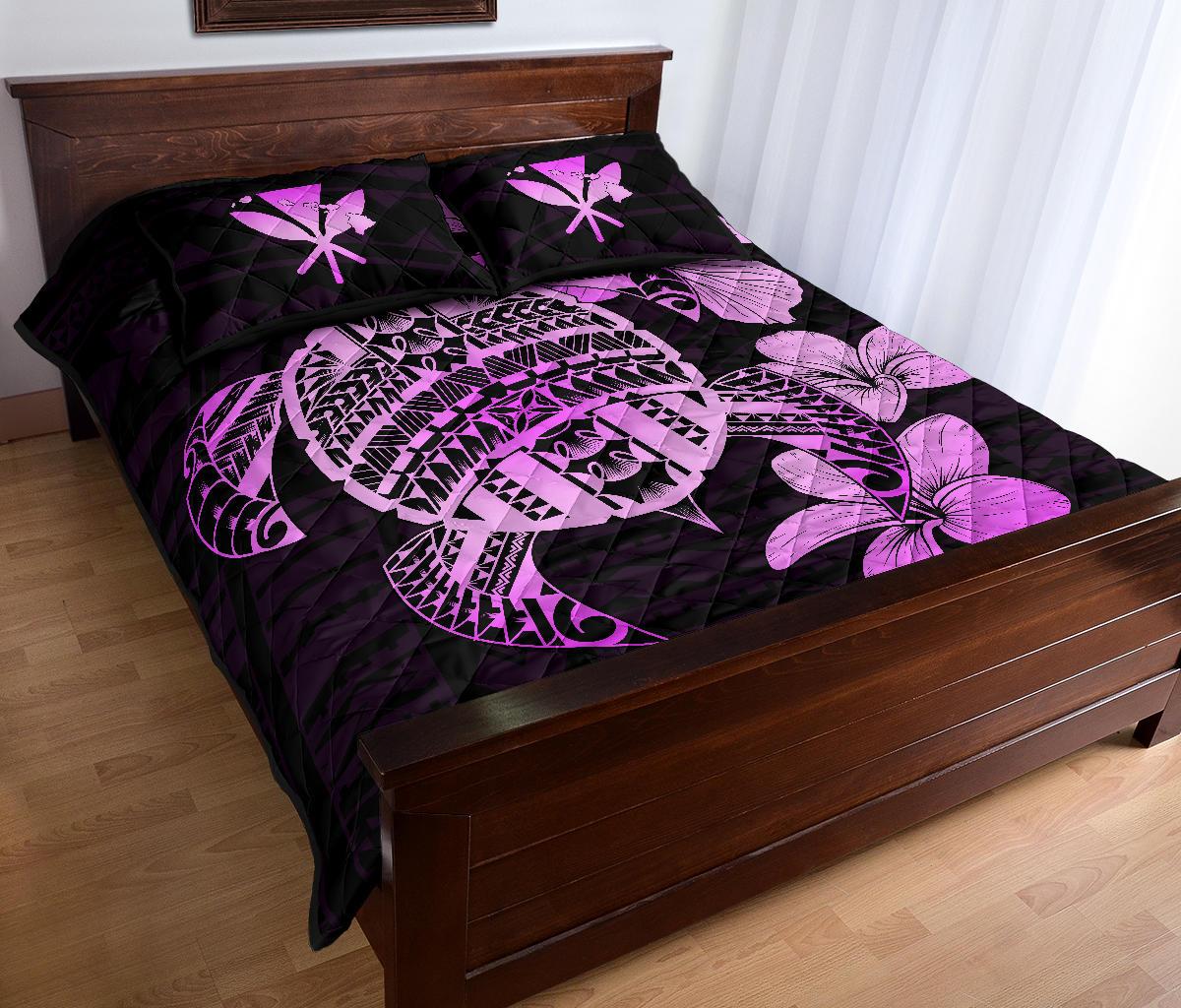 Hawaiian Kanaka Hibiscus Plumeria Mix Polynesian Turtle Quilt Bed Set Pink AH - Polynesian Pride