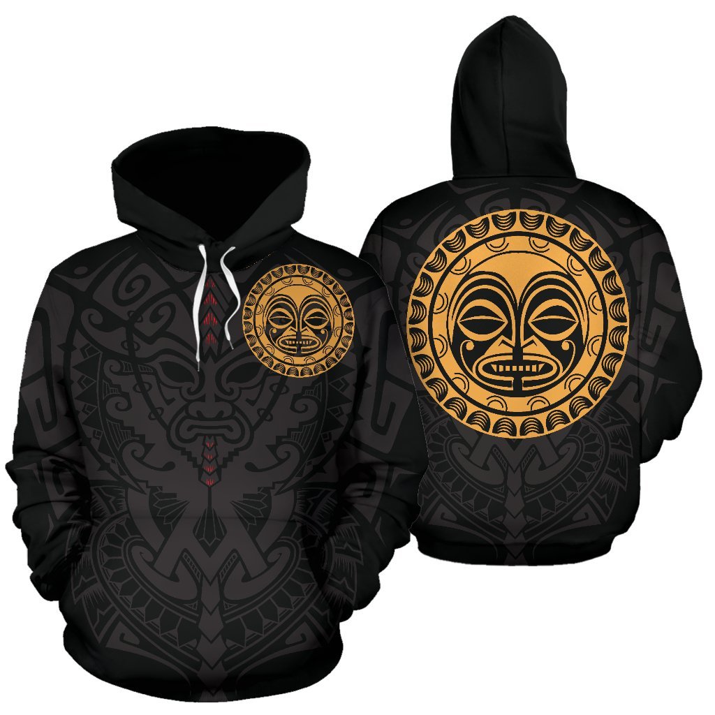 Polynesian All Over Hoodie Polynesian Face Tattoo 4 Unisex Black & GOLD - Polynesian Pride