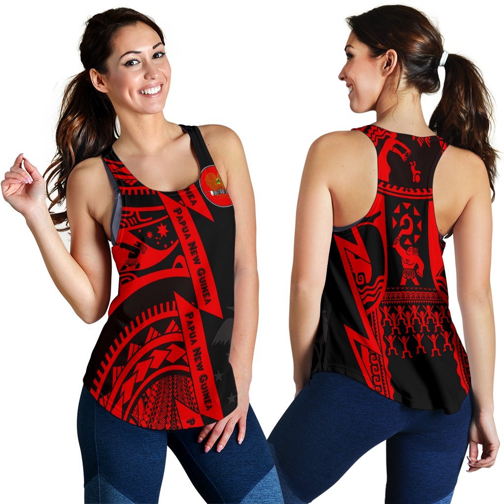 Polynesian Guinea Women's Racerback Tank - Moana Maui Tattoo With Coat Of Arm Guinea Red - Polynesian Pride