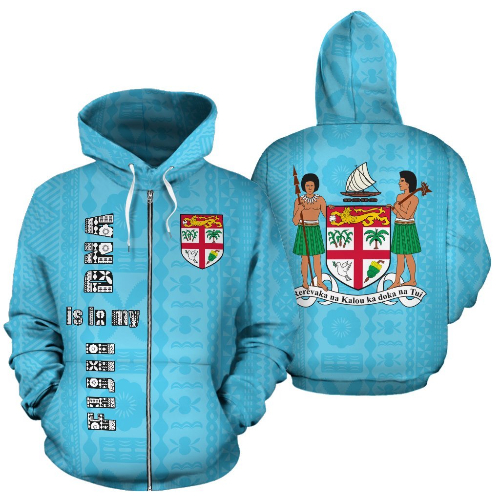 Fiji Tapa Zip up Hoodie Fiji Flag Coat of Arms Is In My DNA Unisex Blue - Polynesian Pride