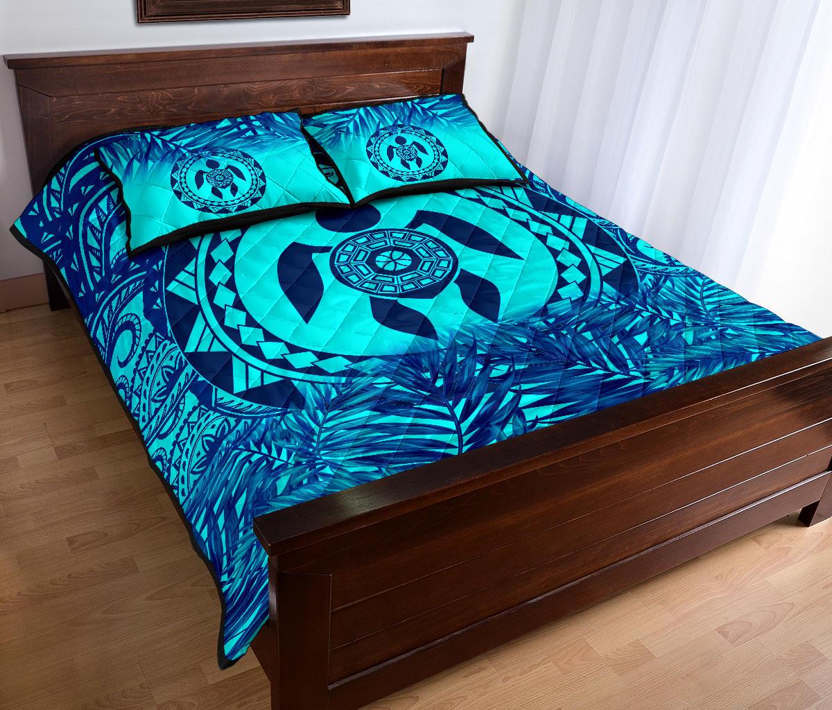 Polynesian Quilt Bed Set - Dark Blue Turtle Palm Torquoise Version - Polynesian Pride