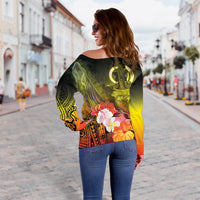 Vanuatu Women's Off Shoulder Sweater - Humpback Whale with Tropical Flowers (Yellow) - Polynesian Pride