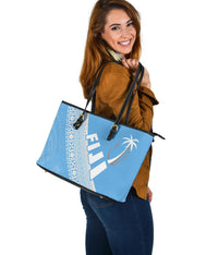 Fiji Tapa Rugby Large Leather Tote version Style You Win - Blue - Polynesian Pride