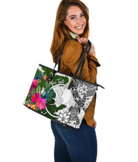 Yap Custom Personalised Large Leather Tote White - Turtle Plumeria Banana Leaf - Polynesian Pride
