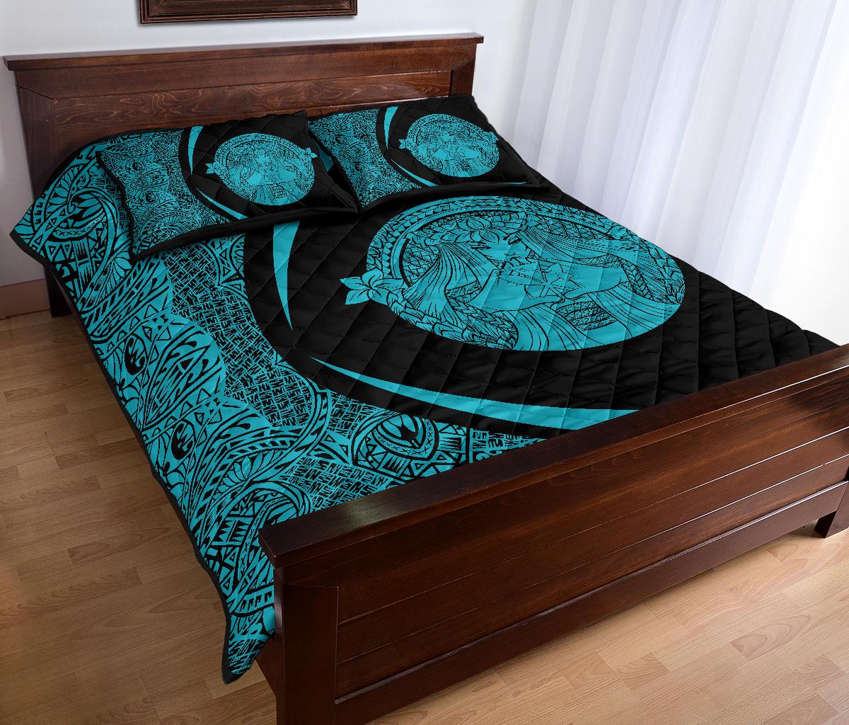 Hawaii Polynesian Pele Kanaka Quilt Bed Set Circle Style Blue - Polynesian Pride
