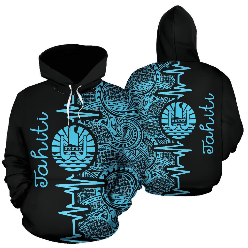 Tahiti Polynesian Hoodie Tahiti Flag Heartbeat Pattern Blue Version TH0 Unisex Blue - Polynesian Pride