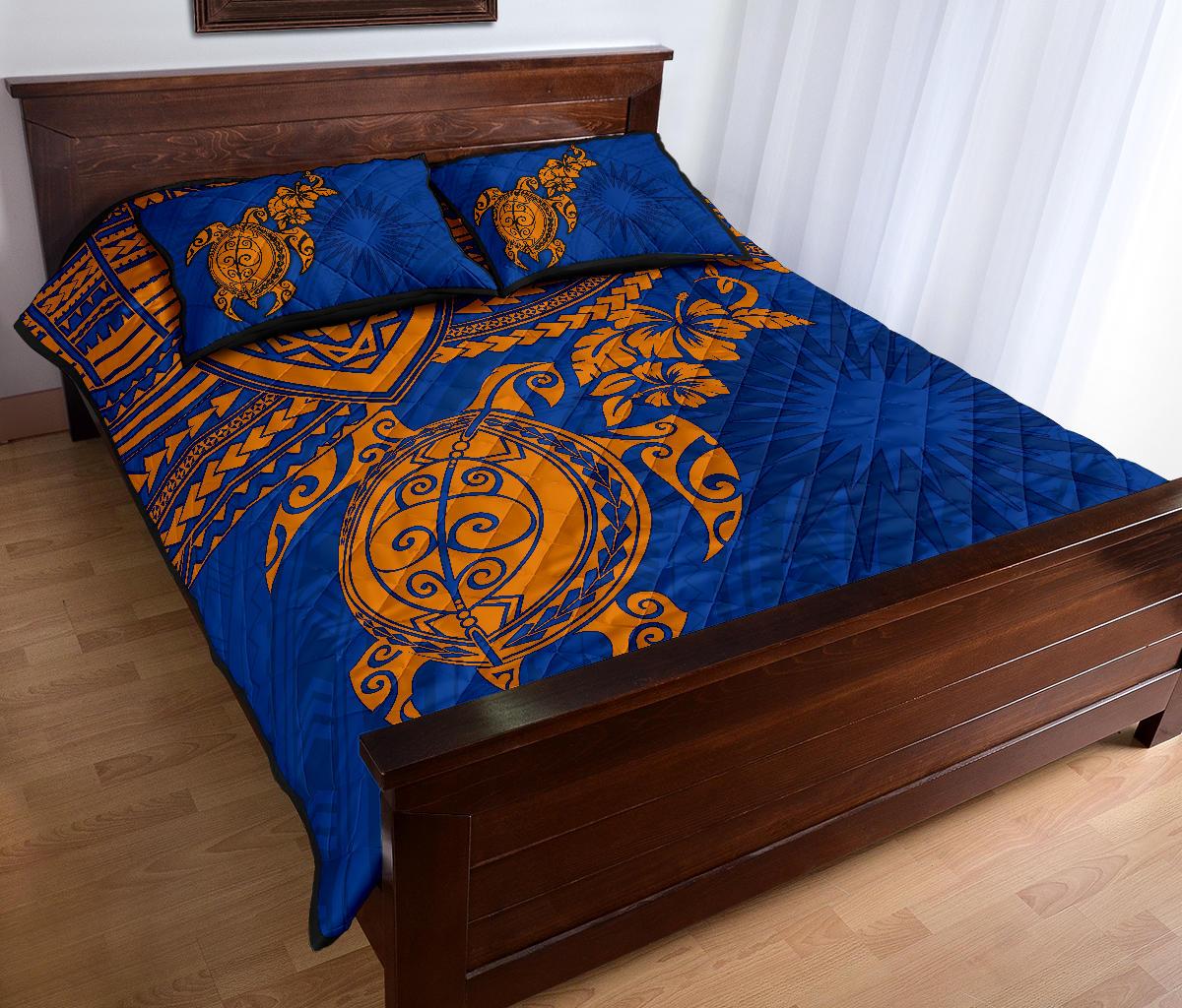 Marshall Islands Polynesian Quilt Bed Set - Marshall Islands Flag & Blue Turtle Hibiscus - Polynesian Pride