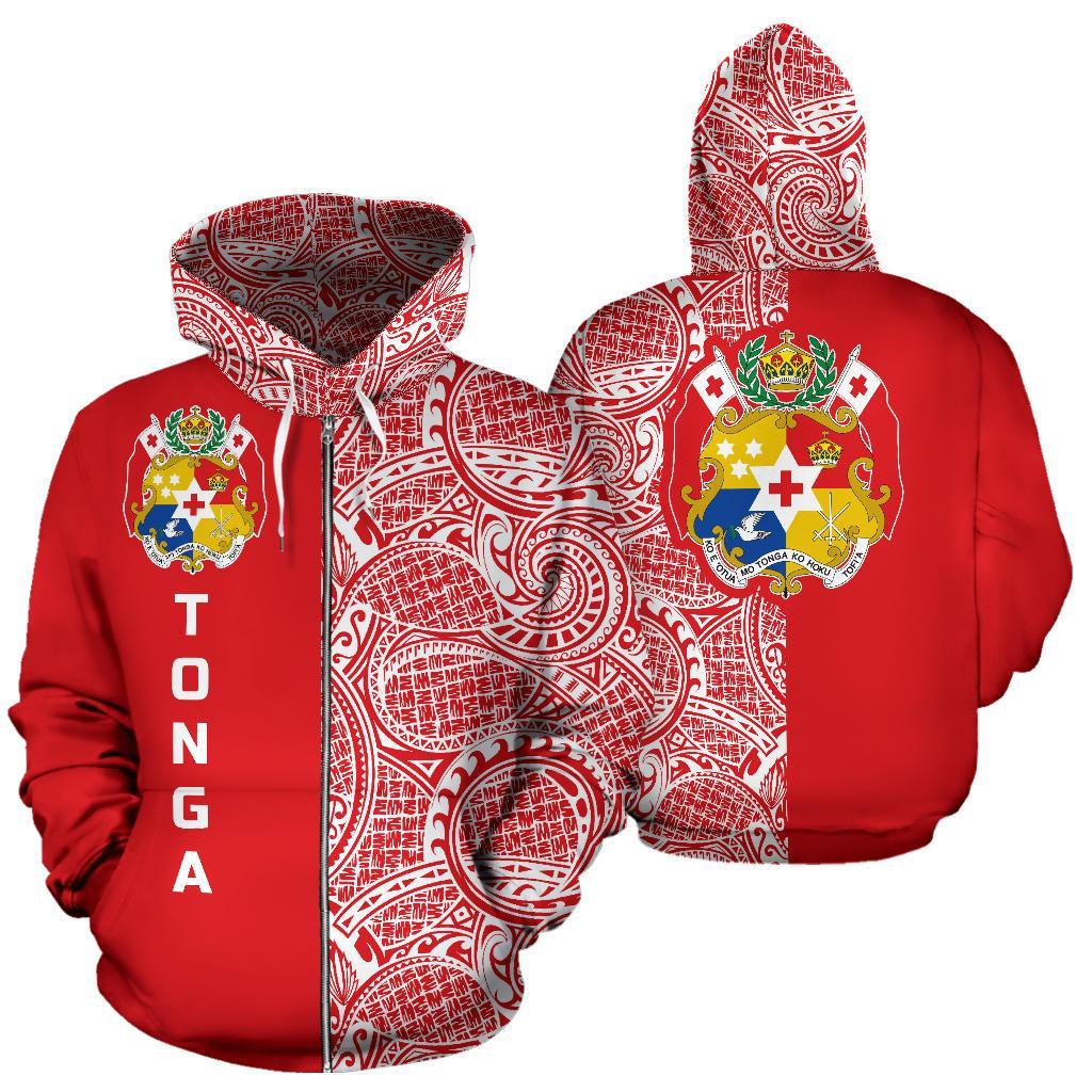 Tonga Zip up Hoodie Tonga Coat of Arms Polynesian Tattoo Half Style TH0 Unisex Red - Polynesian Pride