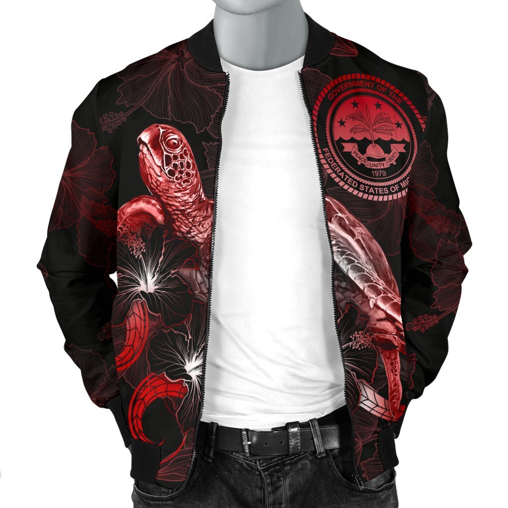 Federated States of Micronesia Polynesian Men's Bomber Jacket - Turtle With Blooming Hibiscus Red - Polynesian Pride
