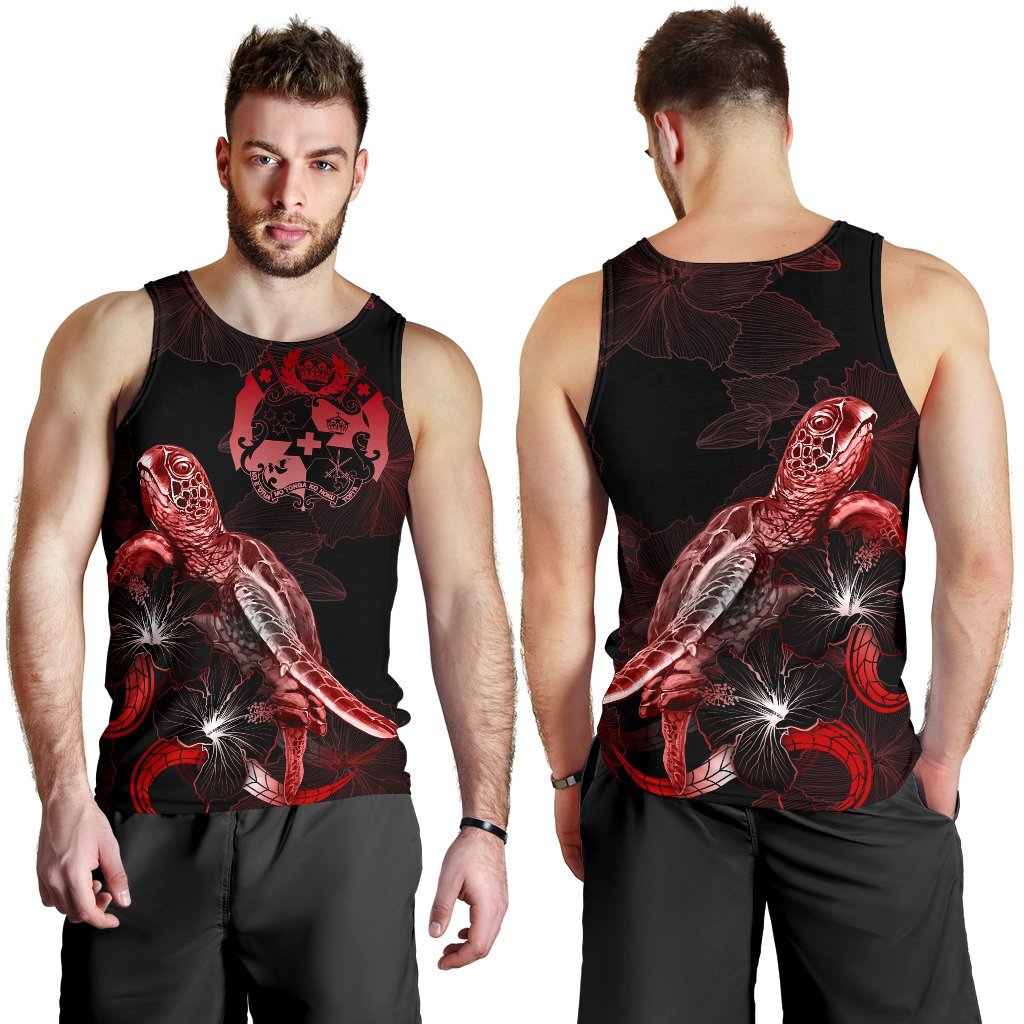 Tonga Men Tank Top - Turtle With Blooming Hibiscus Red - Polynesian Pride