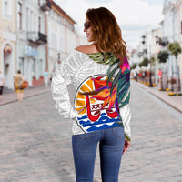 Tahiti Women's Off Shoulder Sweater Polynesian Hibiscus White Pattern - Polynesian Pride