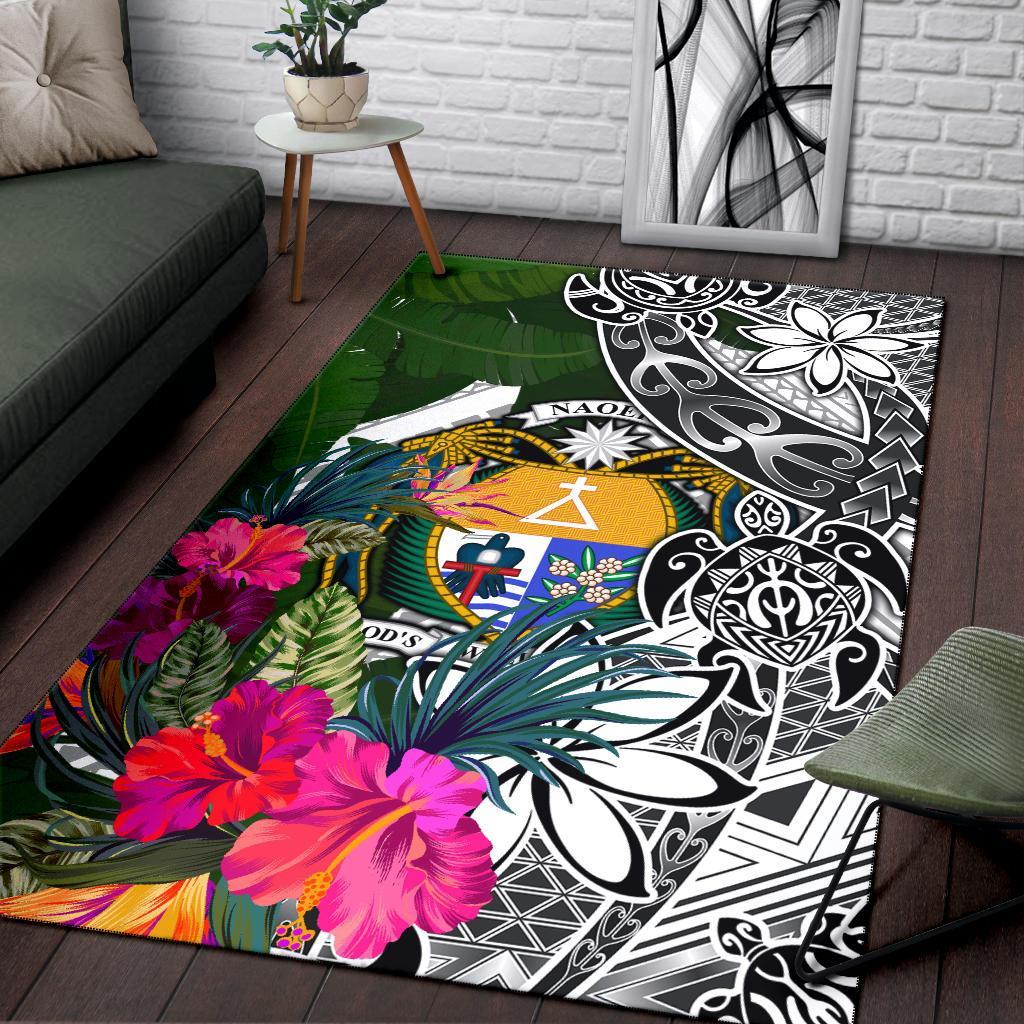 Nauru Area Rug White - Turtle Plumeria Banana Leaf Crest White - Polynesian Pride