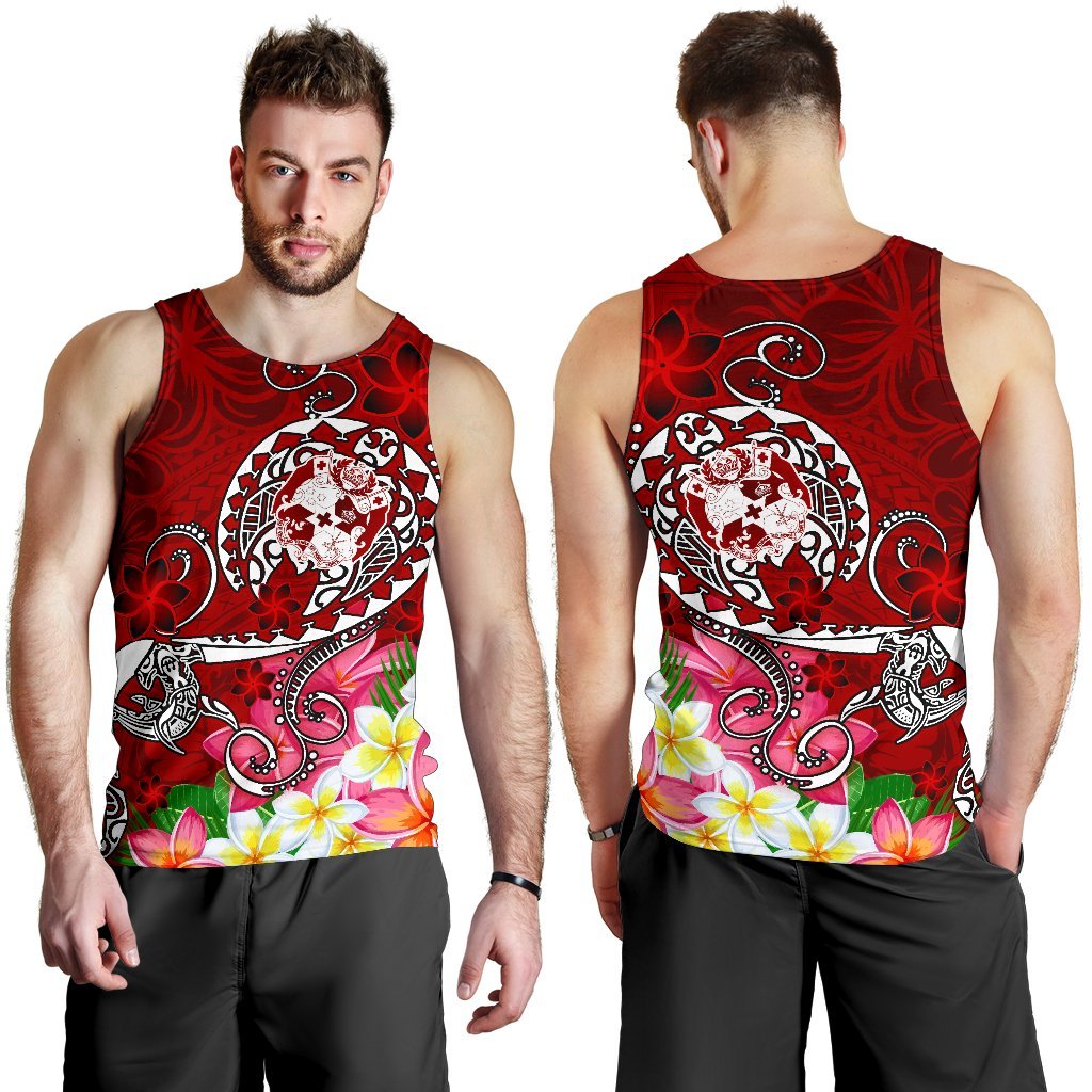 Tonga Men's Tank Top - Turtle Plumeria (Red) - Polynesian Pride