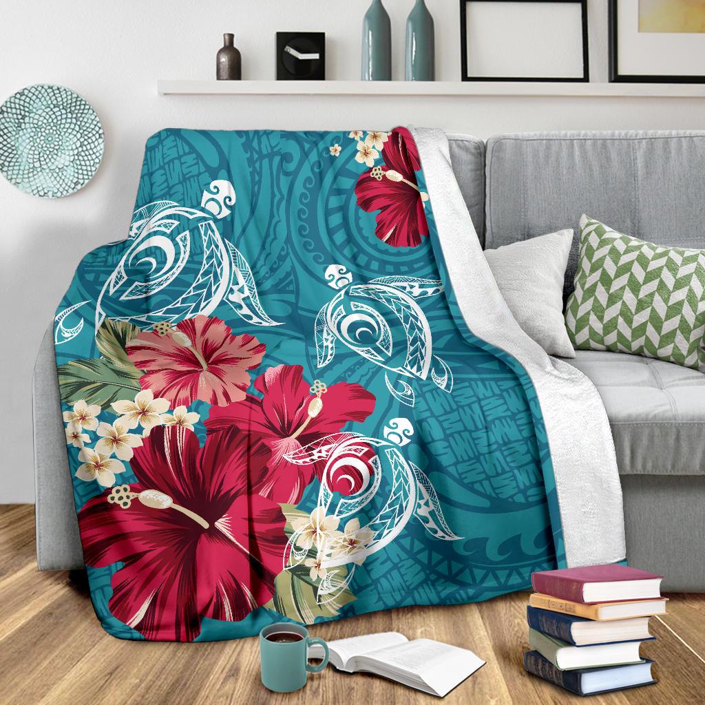 Hawaii Turtle Hibiscus Plumeria Blue Polynesian - Premium Blanket AH - Polynesian Pride