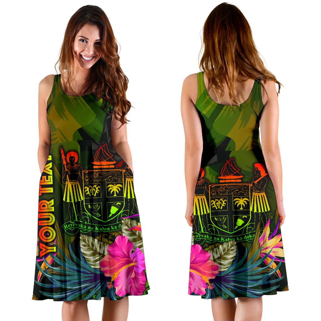 Fiji Polynesian Personalised Midi Dress - Hibiscus and Banana Leaves - Polynesian Pride