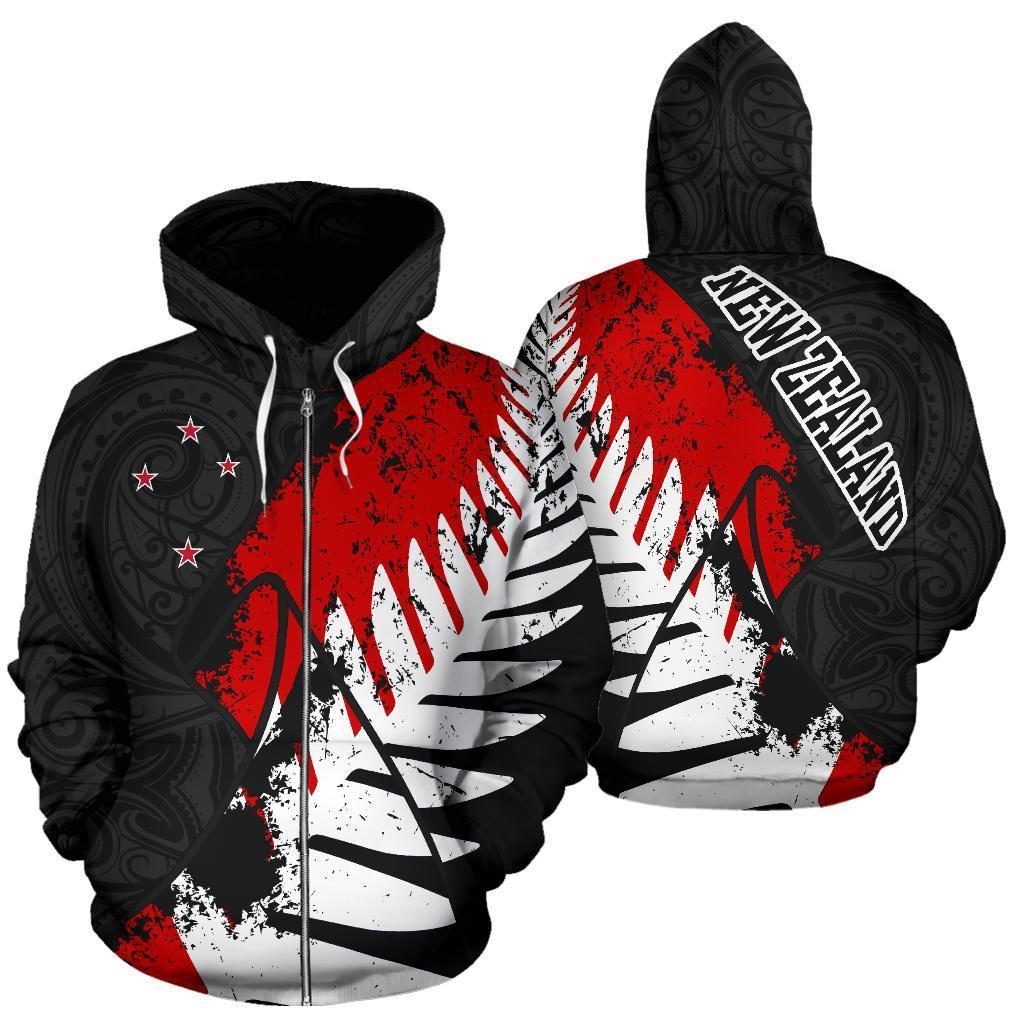 New Zealand Maori Zip Hoodie, Silver Fern Flag Full Zip Hoodie - Polynesian Pride