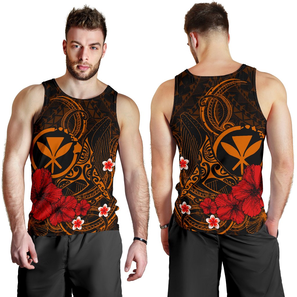 Polynesian Hawaii Kanaka Maoli Men's Tank Top - Humpback Whale with Hibiscus (Golden) - Polynesian Pride