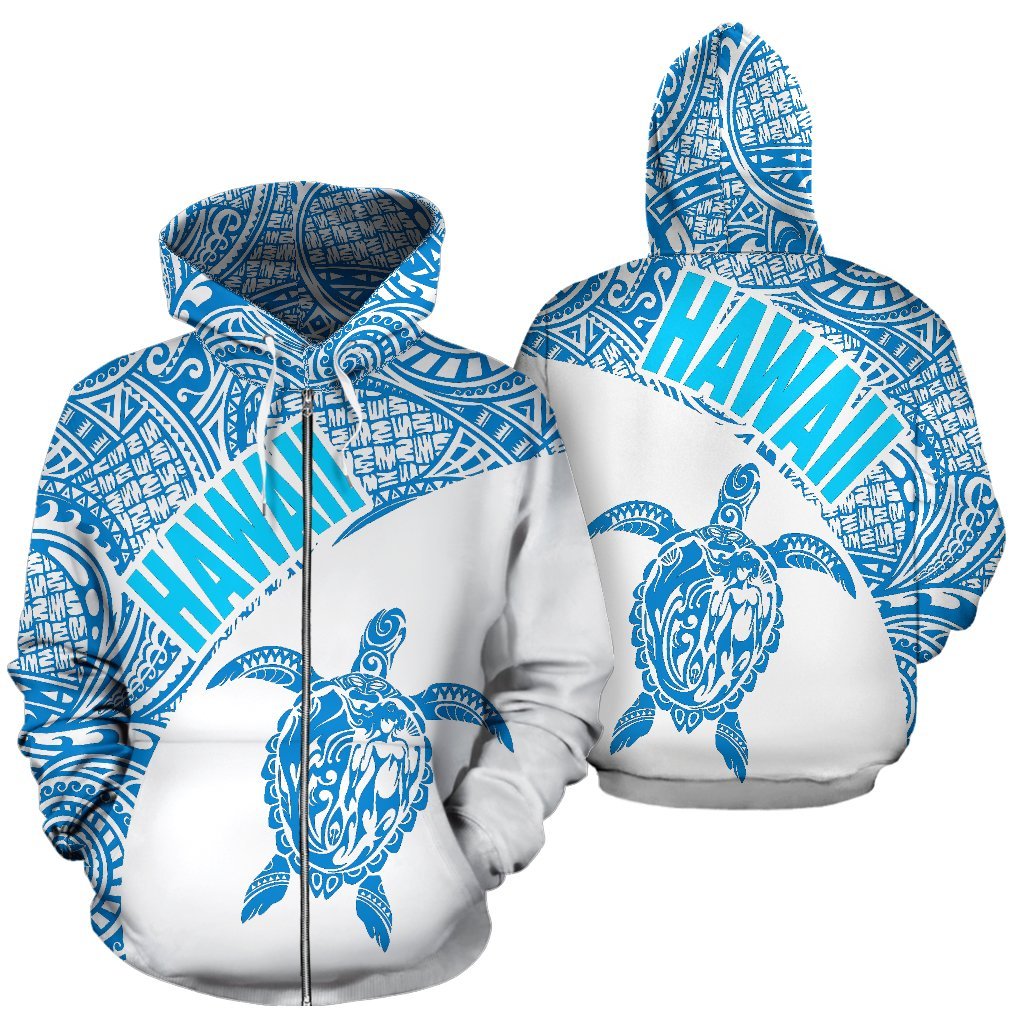 Hawaii Zip up Hoodie Hawaii Turtle Mermaid Polynesian Tattoo White Blue Version Unisex White And Blue - Polynesian Pride