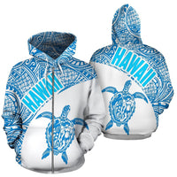 Hawaii Zip up Hoodie Hawaii Turtle Mermaid Polynesian Tattoo White Blue Version Unisex White And Blue - Polynesian Pride
