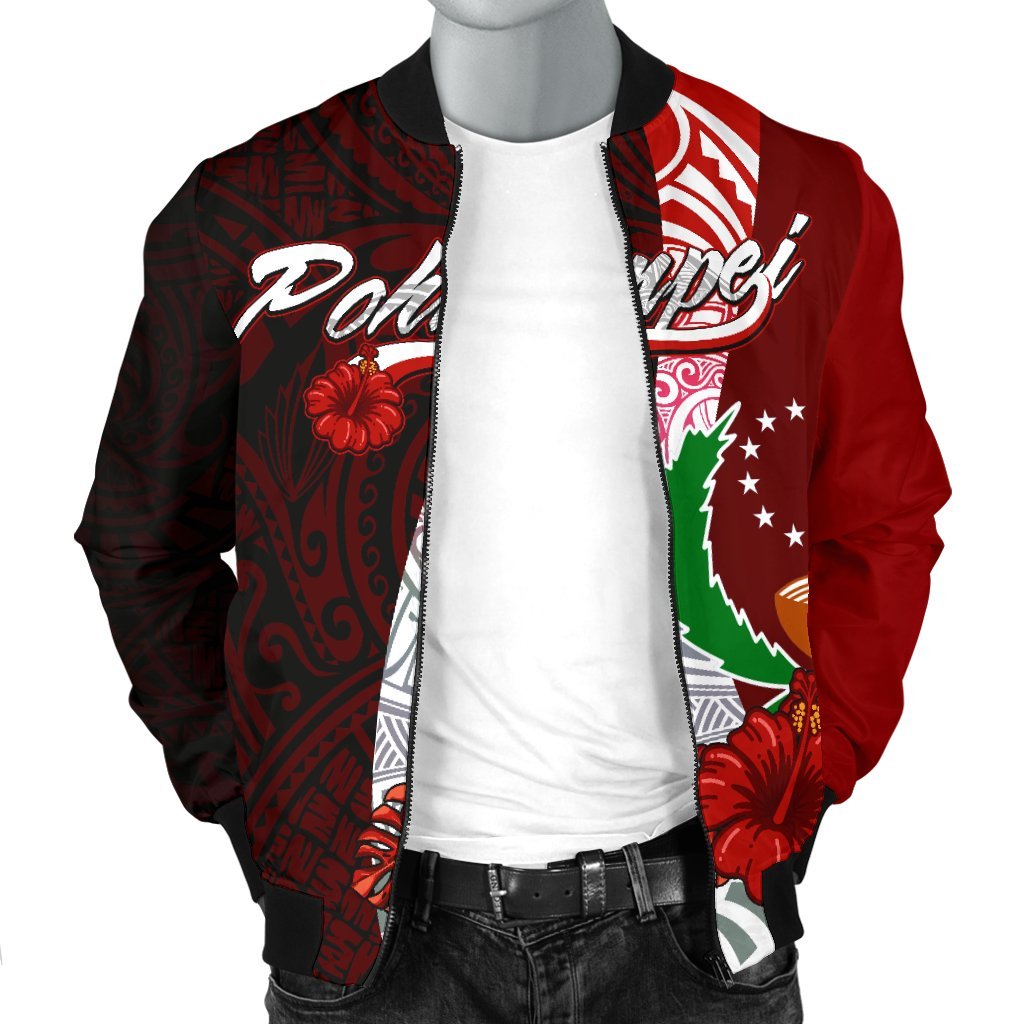 Pohnpei Micronesia Men's Bomber Jacket - Coat Of Arm With Hibiscus - Polynesian Pride