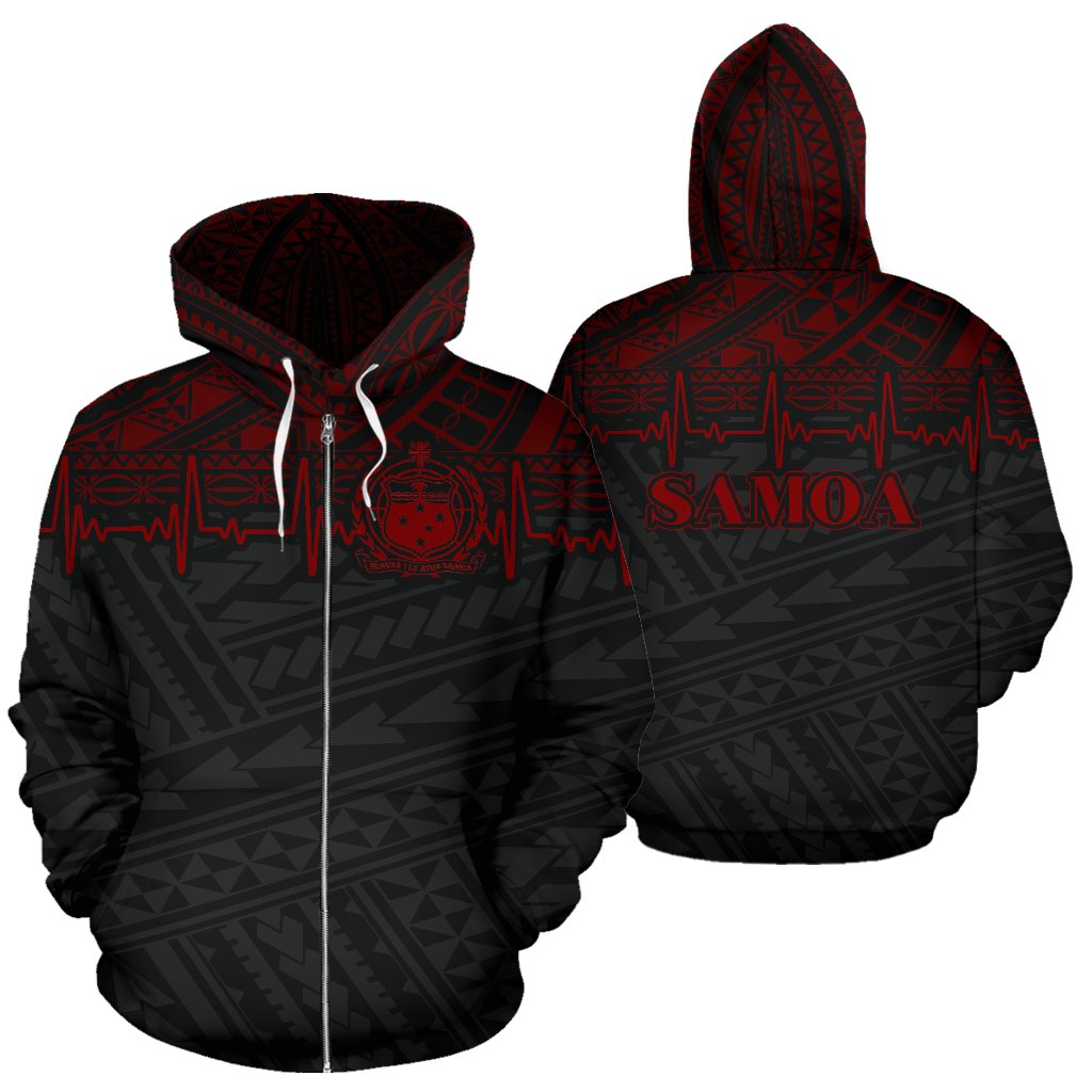 Samoa Polynesian All Over Zip up Hoodie Red Heartbeat Style Unisex Black - Polynesian Pride