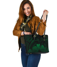 Personalised - Hawaii Royal Hibiscus Polynesian Tribal Small Leather Tote Bag Green AH - Polynesian Pride