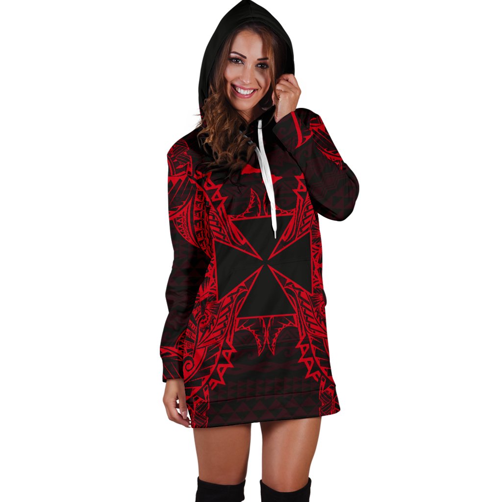 Wallis And Futuna Polynesian Hoodie Dress Map Red - Polynesian Pride