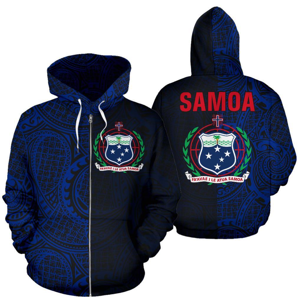 Samoa Zip up Hoodie Samoa Coat of Arms Half Polynesian Tattoo Style Blue Unisex Blue - Polynesian Pride