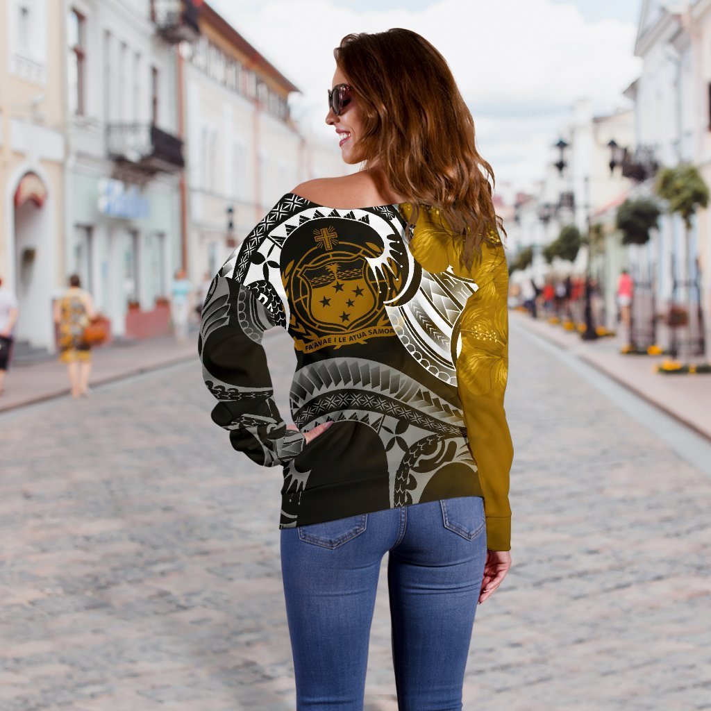 Samoa Custom Personalised Women's Off Shoulder Sweater - Samoa Seal Wave Style (Gold) - Polynesian Pride
