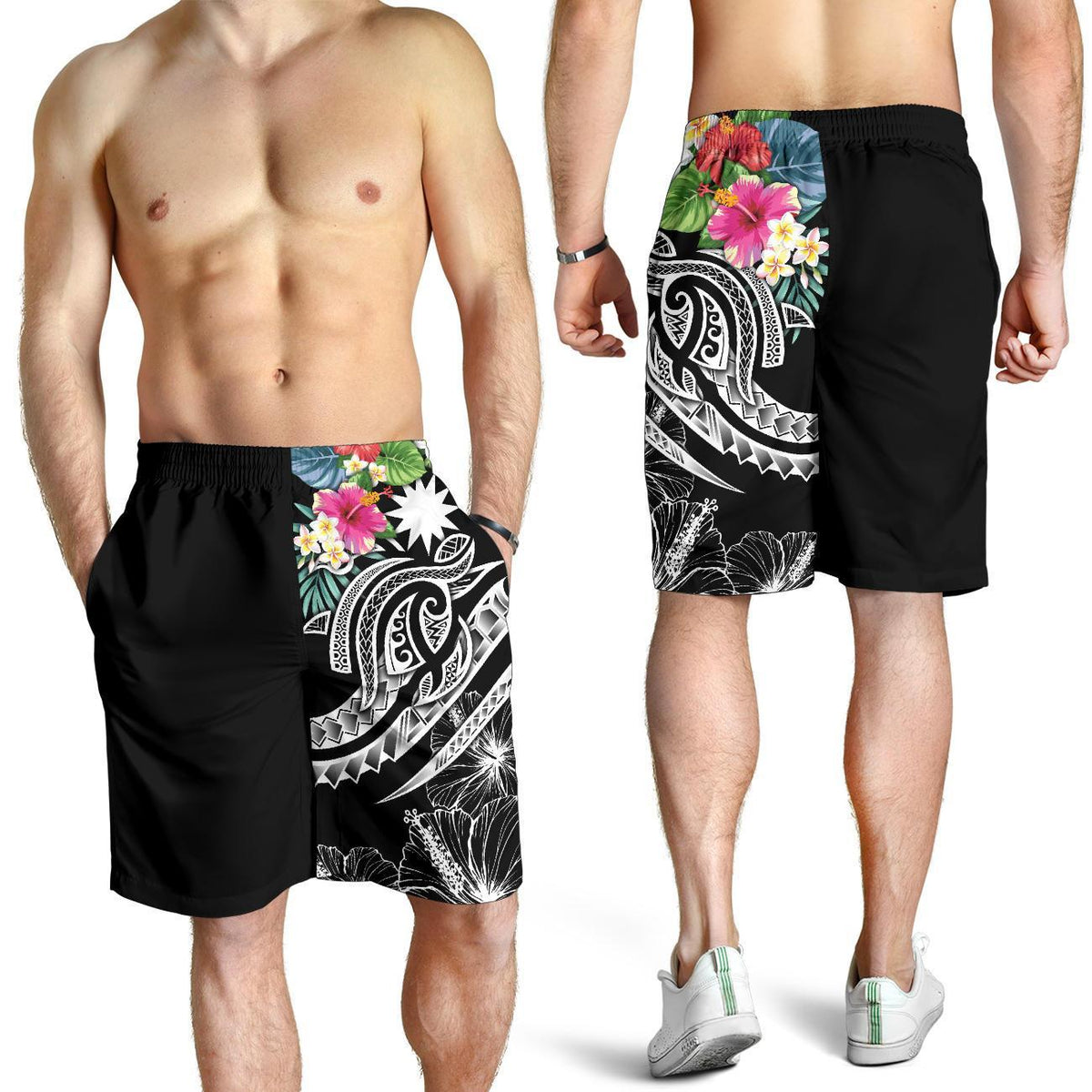 Nauru Polynesian Men's Shorts - Summer Plumeria (Black) - Polynesian Pride