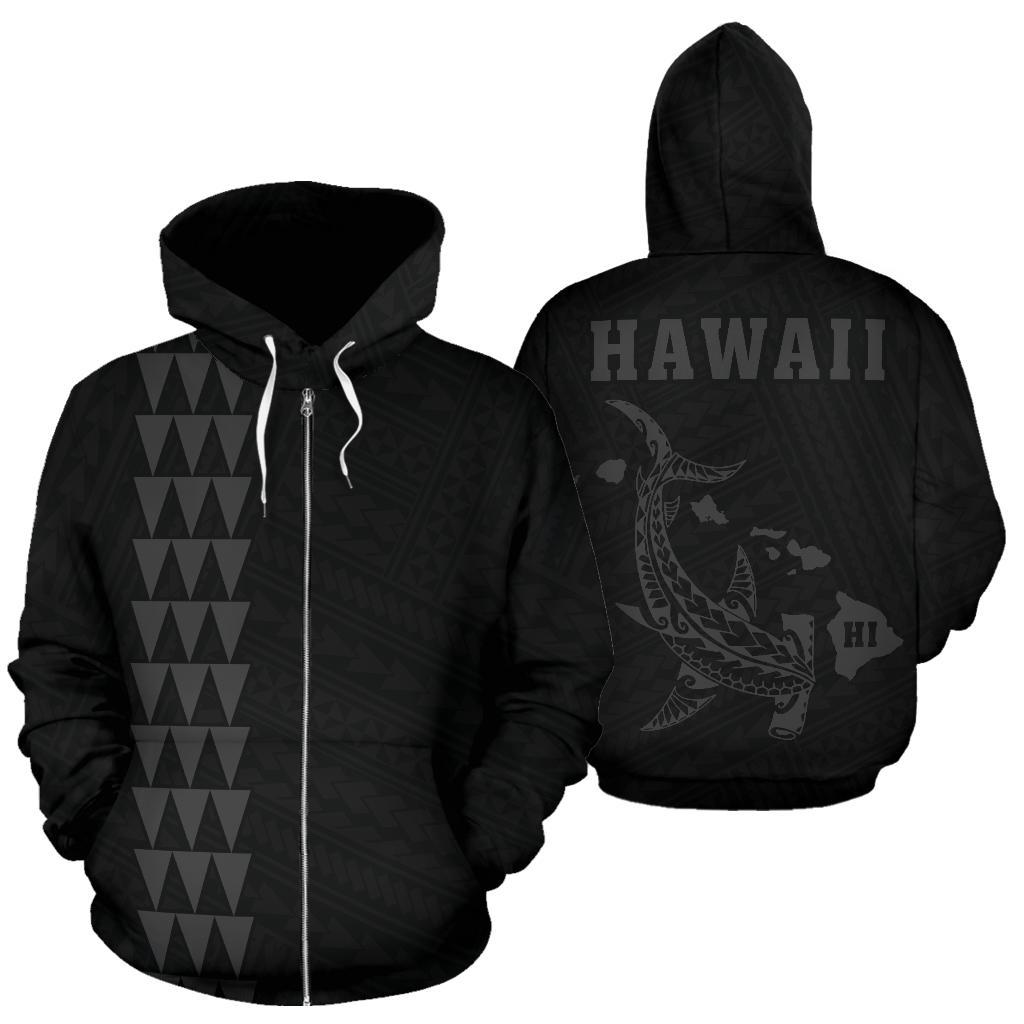 Polynesian Kakau Hammerhead Shark Map of Hawaii Zip Hoodie Grey Unisex Grey - Polynesian Pride