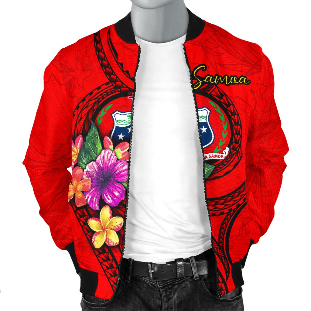 Samoa Polynesian Men's Bomber Jacket - Floral With Seal Red - Polynesian Pride