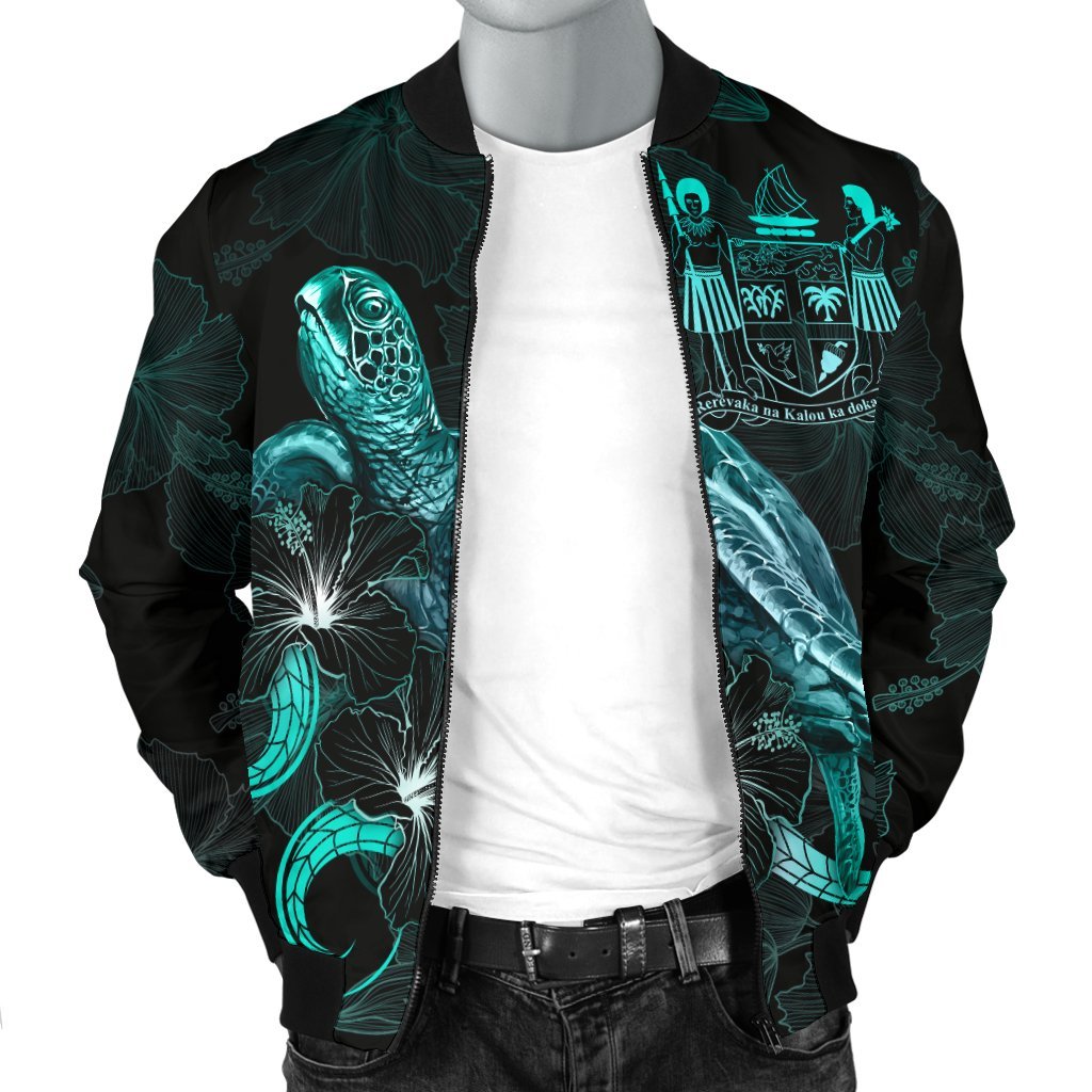 Fiji Polynesian Men's Bomber Jacket - Turtle With Blooming Hibiscus Turquoise - Polynesian Pride