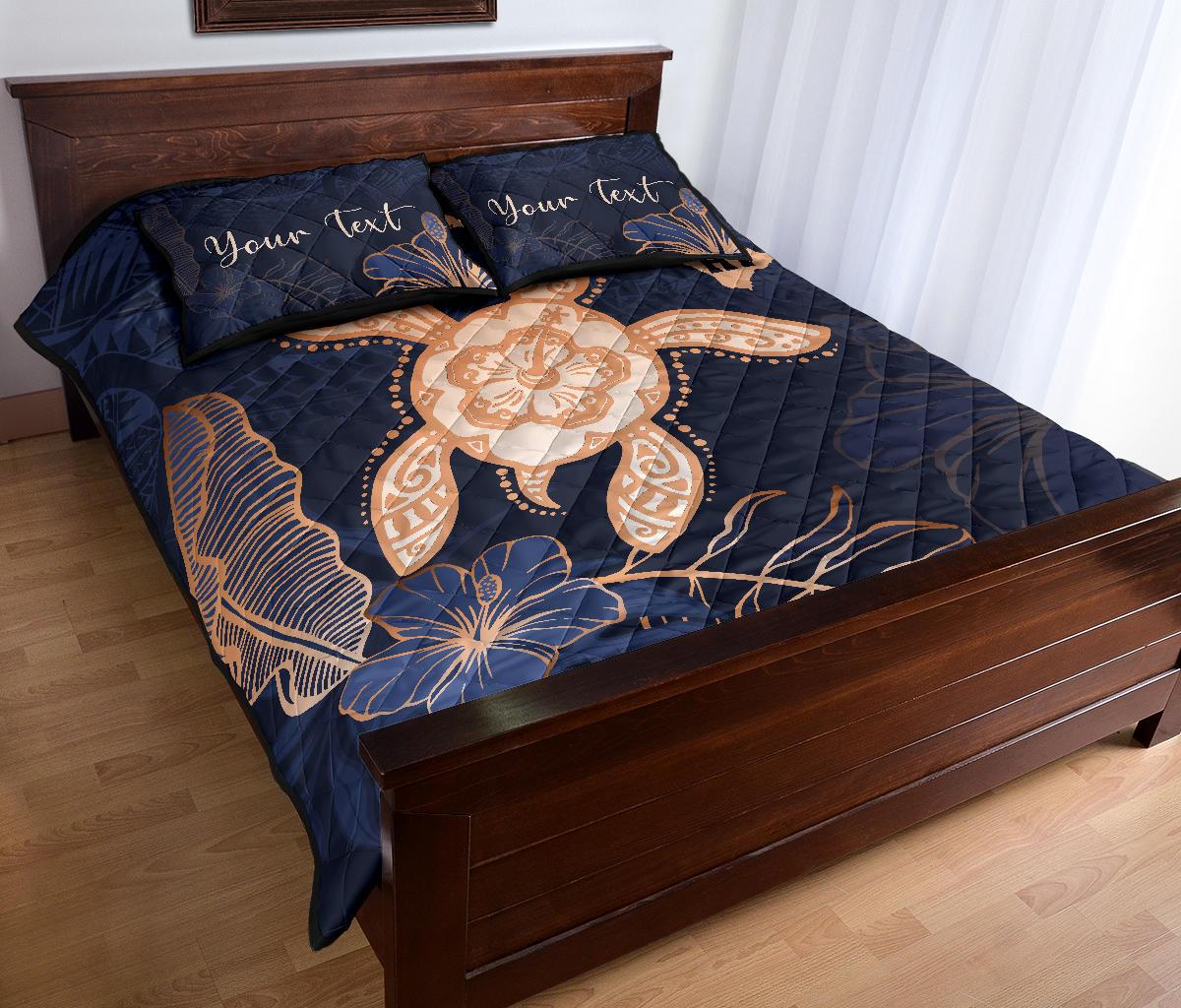Personalized - Hawaii Kakau Polynesian Turtle Map Quilt Bed Set - Indigo Ver 1 - Polynesian Pride
