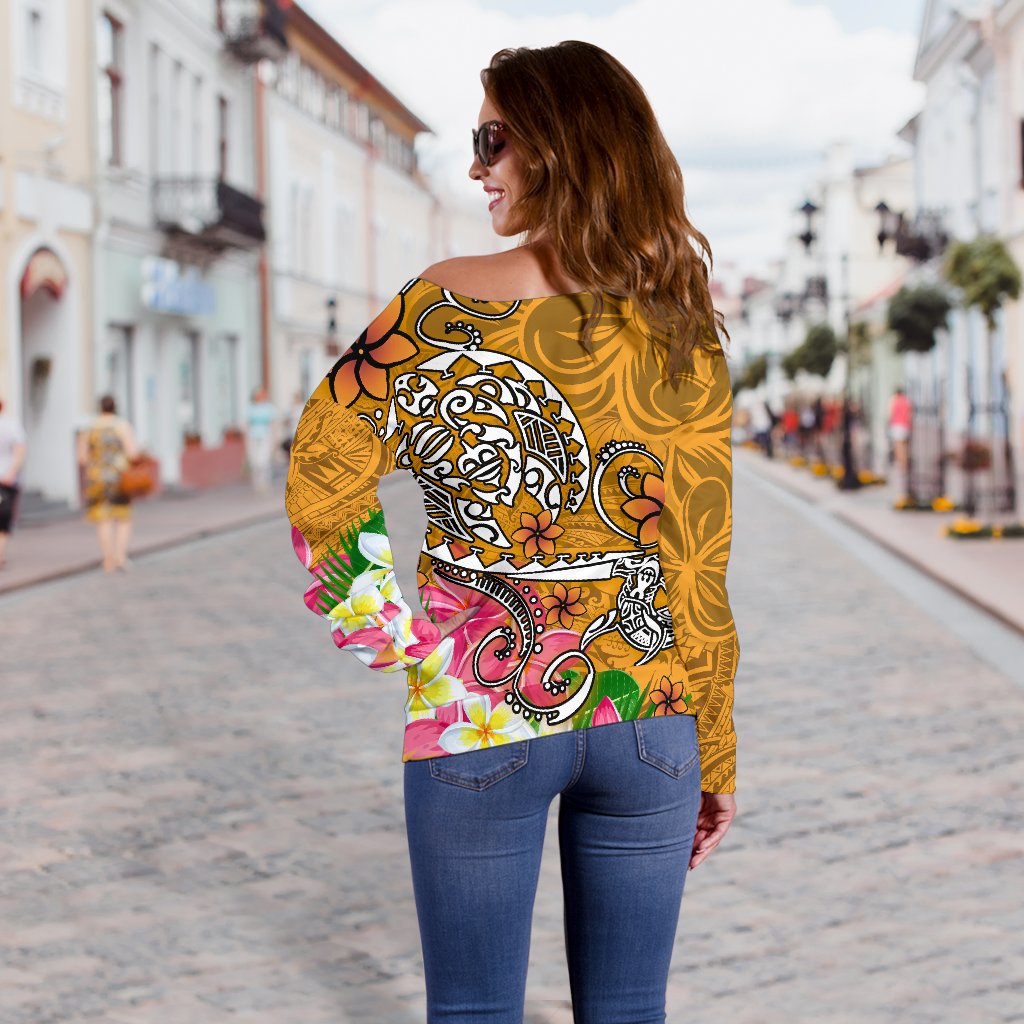 Polynesian Women's Off Shoulder Sweater - Turtle Plumeria Gold Color - Polynesian Pride
