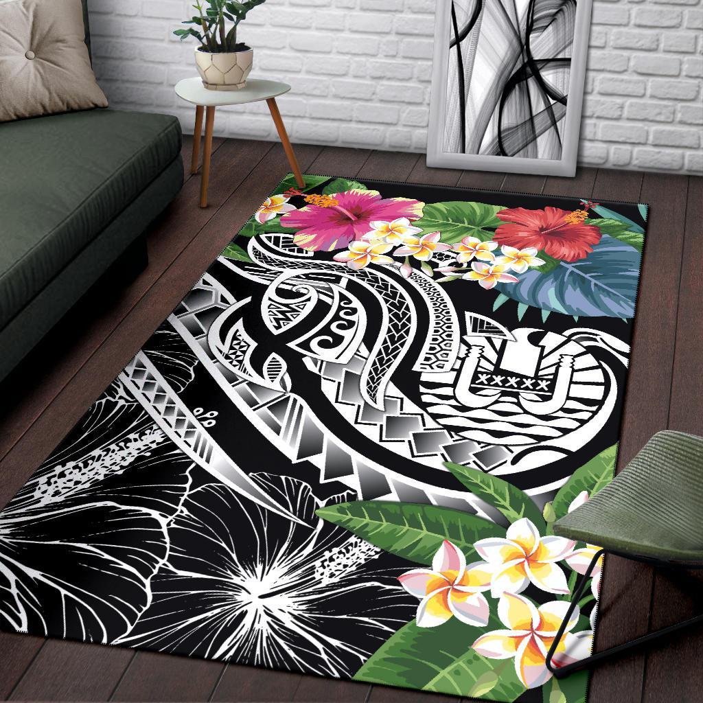 Tahiti Polynesian Area Rug - Summer Plumeria (Black) - Polynesian Pride