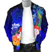 Samoa Men's Bomber Jacket - Humpback Whale with Tropical Flowers (Blue) - Polynesian Pride