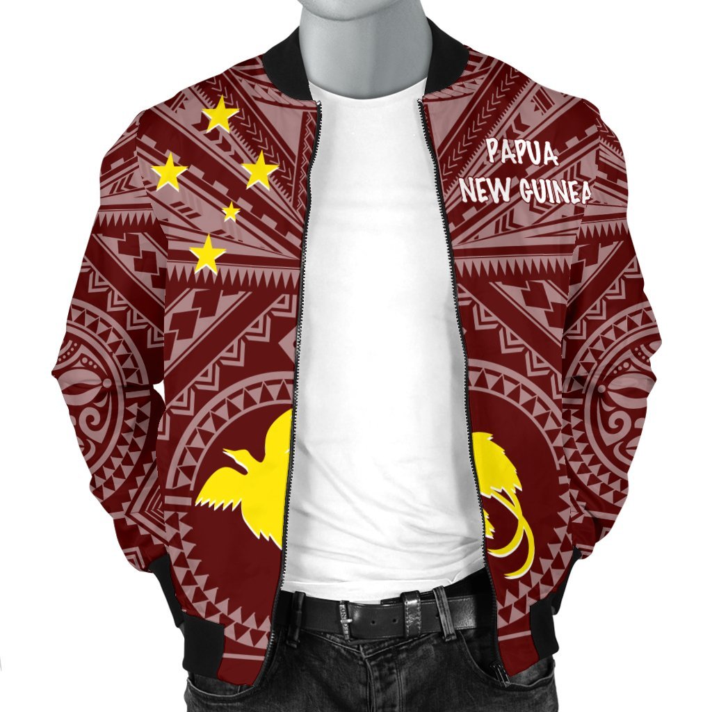 Papua New Guinea Men's Bomber Jacket - Flag With Polynesian Patterns (Red) - Polynesian Pride