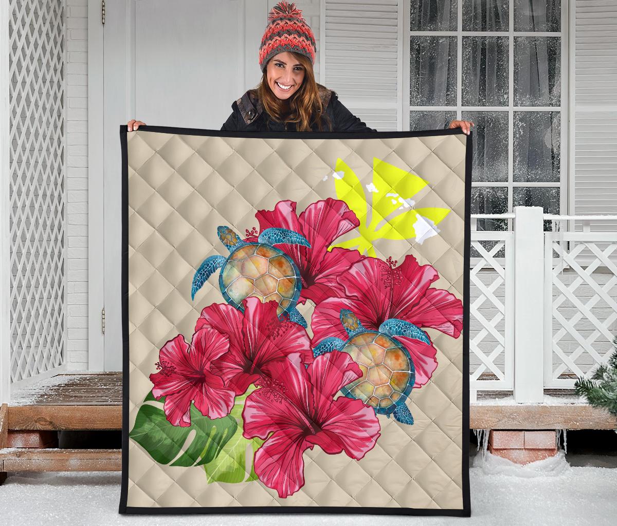 Hawaii Turtle Hibiscus Beige Simple Style - Premium Quilt AH - Polynesian Pride