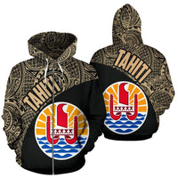 Tahiti Zip up Hoodie Tahiti Flag Polynesia Tattoo Gold Unisex Black - Polynesian Pride