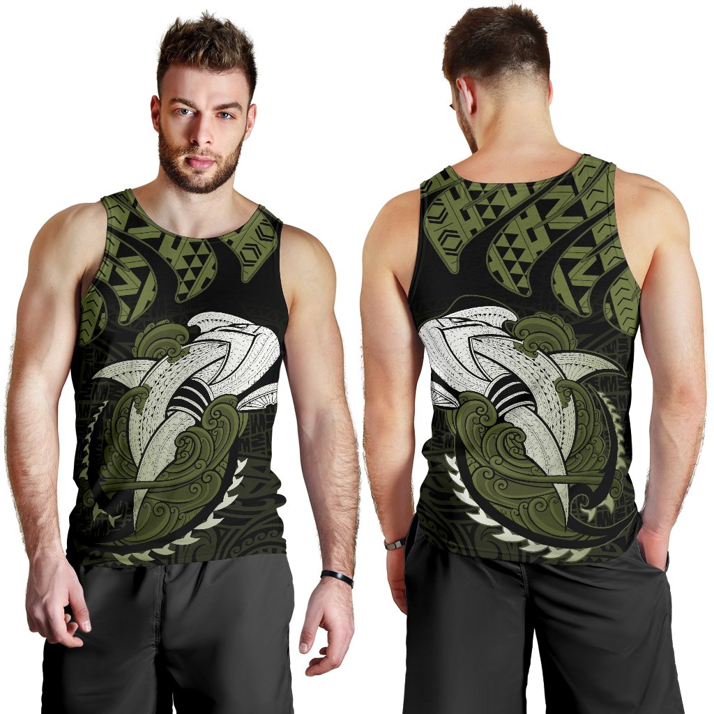 Hawaii Polynesian Aumakua Hammerhead Shark T Shirt Cloud Style Green Military - Polynesian Pride