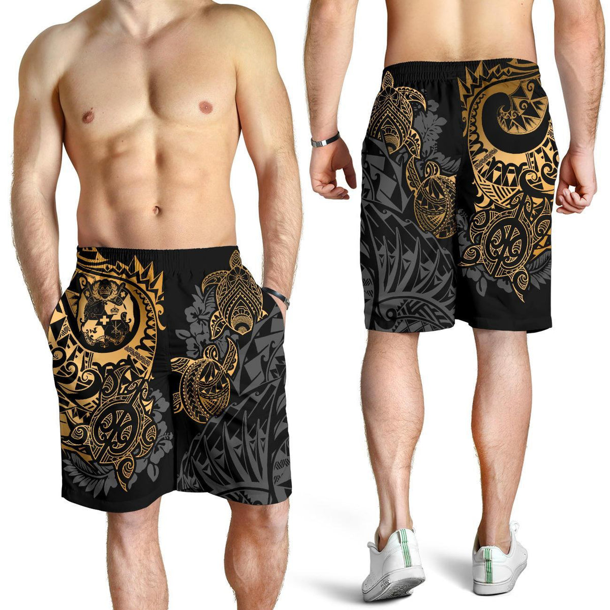 Tonga Polynesian Shorts (Men) - Gold Turtle Flowing - Polynesian Pride